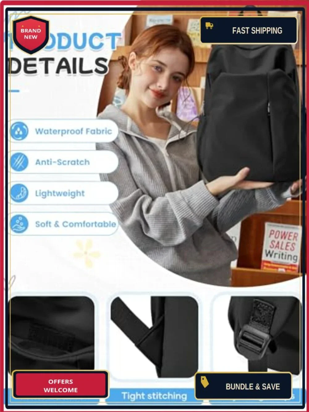 Water-Resistant Nylon Backpack with Padded Straps, 15-Inch Laptop Compartment